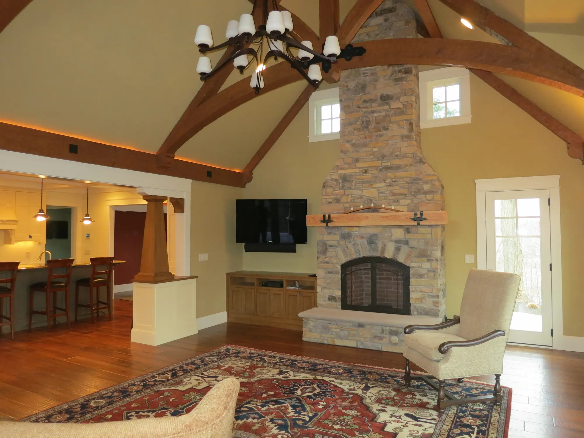 Living room with stone fireplace 