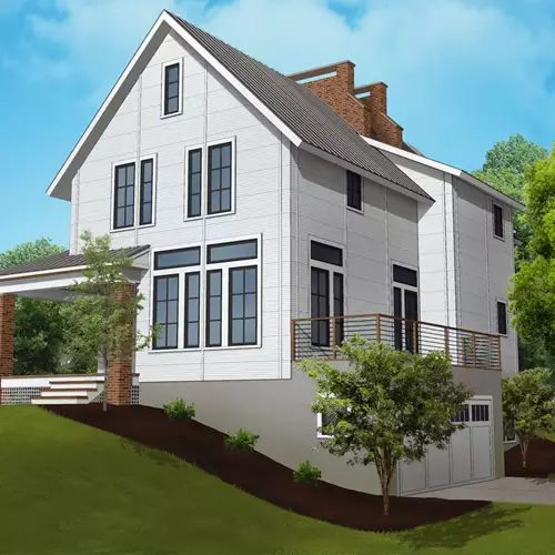 3D rendering of front of house showing garage below